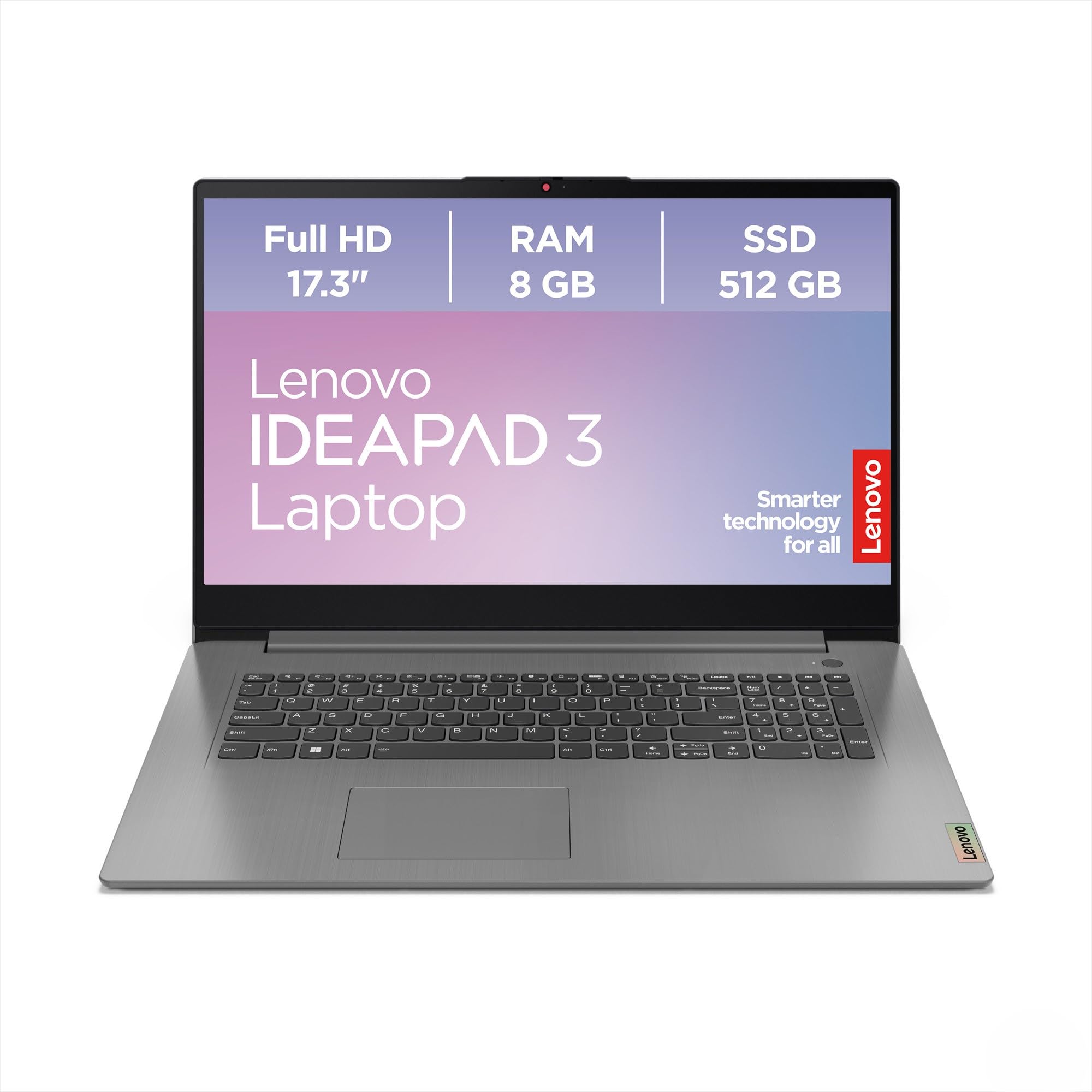 Lenovo IdeaPad 3 Laptop | 17.3" HD+ Display | AMD Ryzen 5 | 8GB RAM | 512GB SSD | AMD Radeon Grafik | Windows 11 | QWERTZ | Artic Grau | Kameraschutzabdeckung | 3 Monate Premium Care