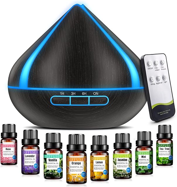 500 ML Scented Oil Diffusers with 8 Essential Oils Set, Aromatherapy Diffusers Air Freshener, Humidifiers with Remote Control, 4 Timer, Auto-waterless Shut-off for Bedroom, Large Room