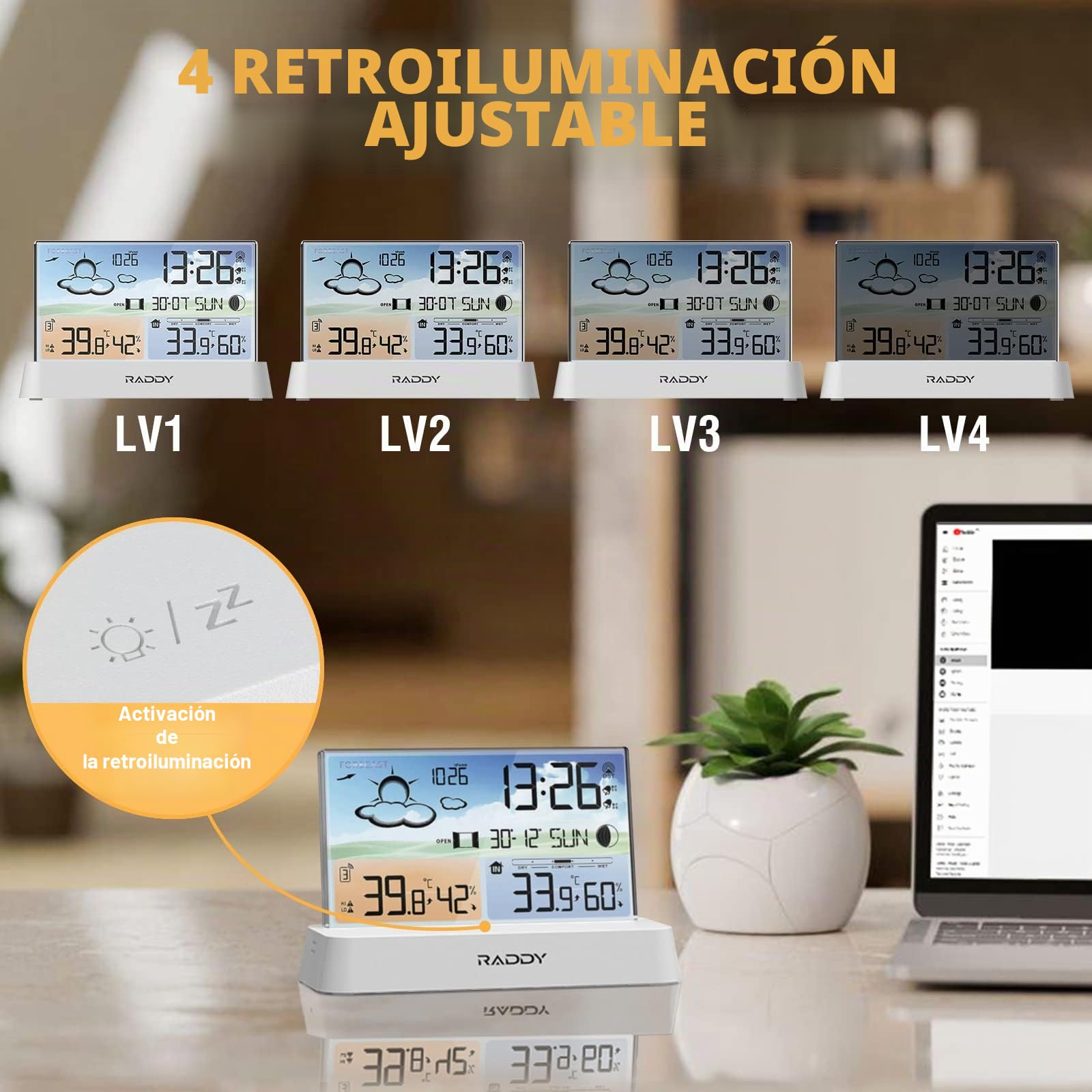 Raddy DT6 Estación meteorológica para interiores y exteriores, reloj de radio DCF, termómetro higrómetro para, estación meteorológica para el hogar con pronóstico del tiempo y barómetro