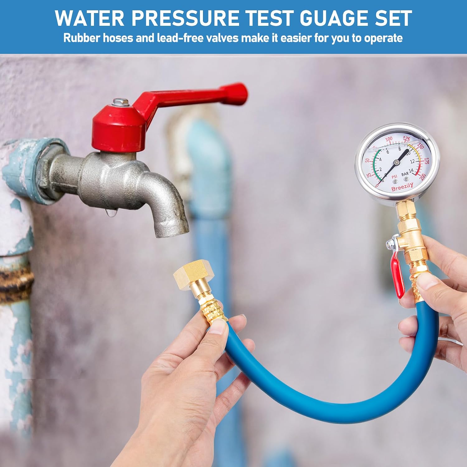 Water Test Pressure Gauge Kit,2.5" Dial+12" EPDM Rubber+1/4" Lead-Free Valve+1/4 to 3/4 Adapter,0-200PSI/0-1.4MPA（Stainless Steel/Color）,Blue Kit