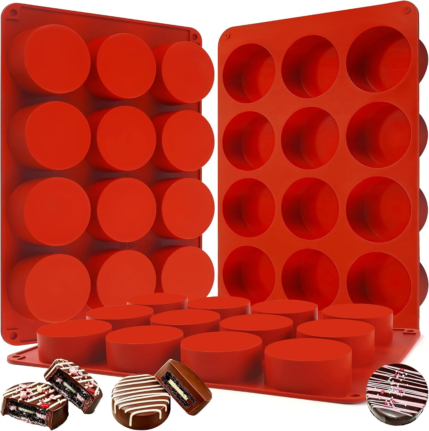 3Pcs Chocolate Cover Cookie Silicone Molds, 12-Cavity Round Cylinder Silicone Chocolate Cover Cookie Mold, Non-Stick Baking Mold for Mini Cakes, Jelly, Candy