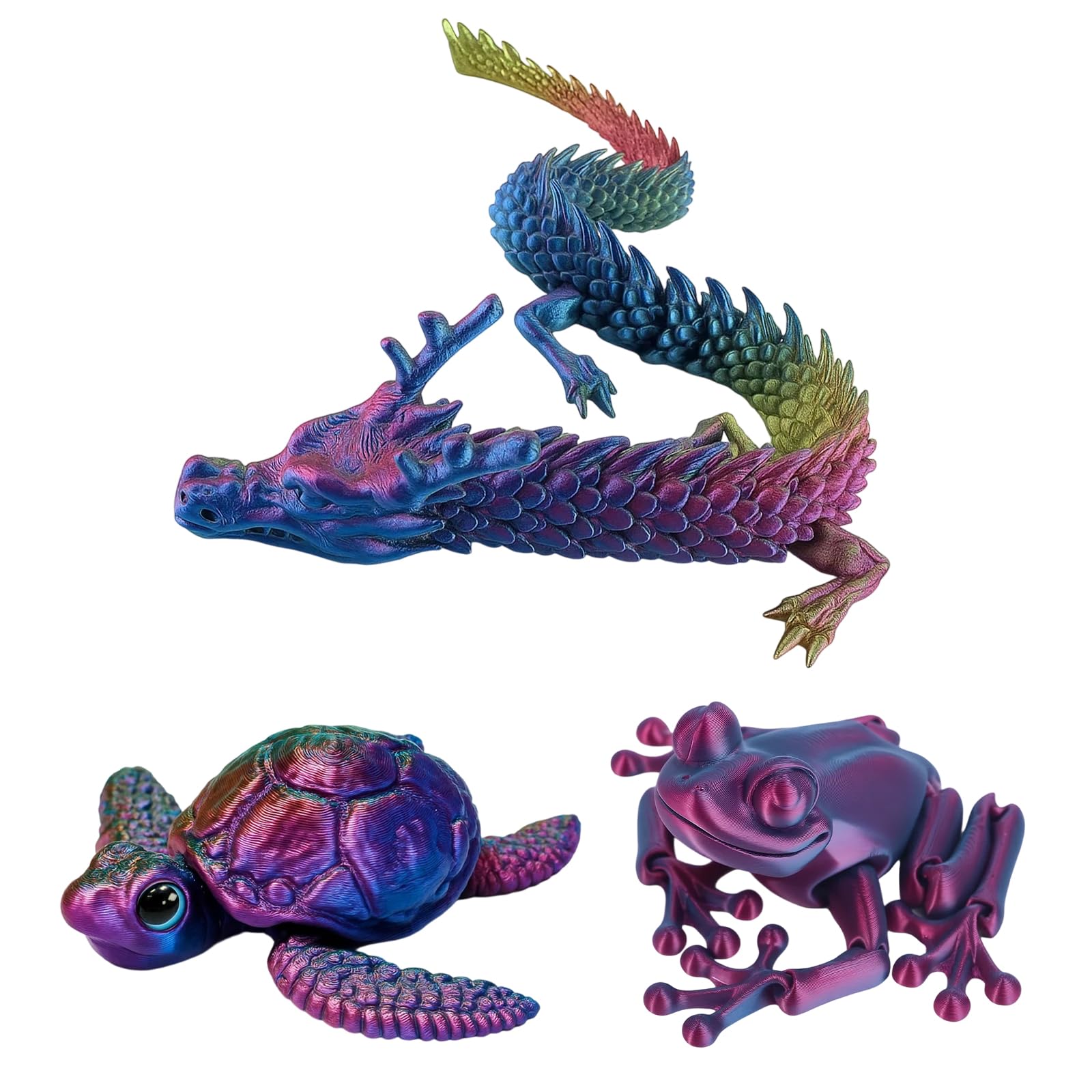 3D Printed Animals, 3 Piece Set of Articulated Animal Toys, Fidget Toys for Home and Office Decoration, Gift for Collectors and Fantasy Lovers, Includes Frog, Turtle and Dragon