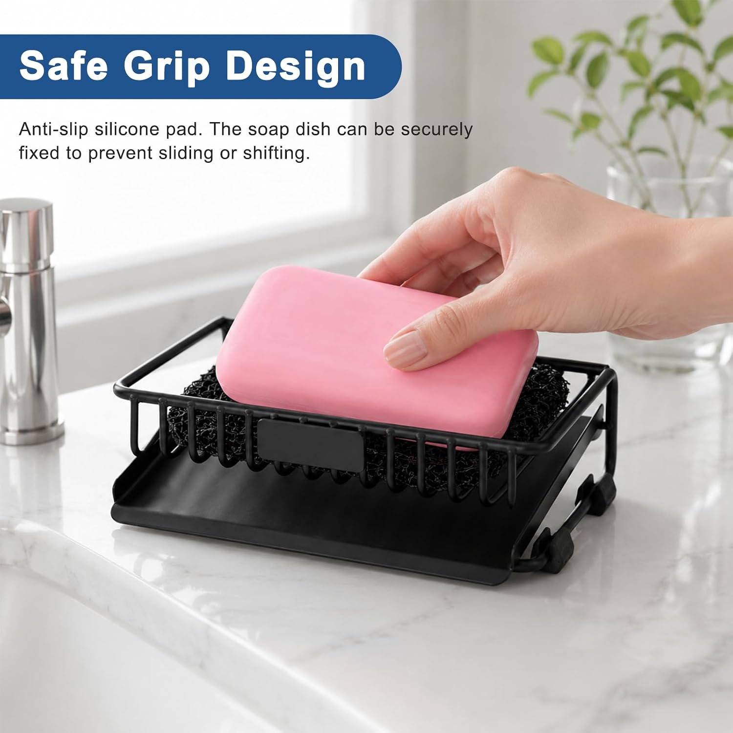 Self Draining Soap Dishes Set with Mat, Carbon Steel Bar Soap Holder