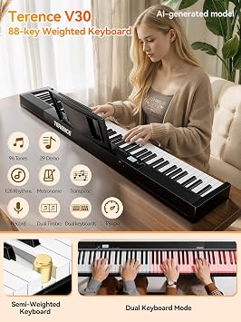 TERENCE V30 Foldable 88 Key Weighted Keyboard Piano for Beginners,Black