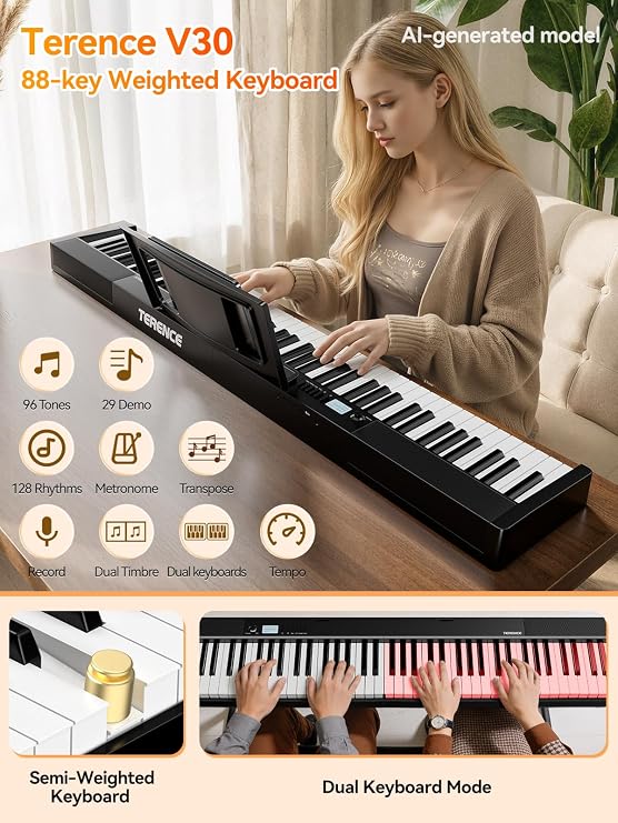 TERENCE V30 Foldable 88 Key Weighted Keyboard Piano for Beginners,Black