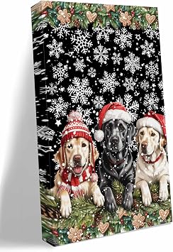NuYeBiofx Christmas Snowflakes Santa Pet Dogs Canvas Wall Art Prints,32"x16" Framed Picture Artwork Black Buffalo Printed Canvas Oil Painting for Living Room Bedroom Office,Ready to Hang