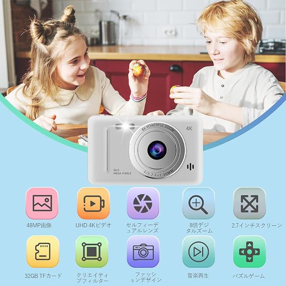 Digital Camera Digicam UHD 4K Video Recording Photo 48 Million Pixels Dual Camera Front and BackToy Camera for Girls/Boys Kids Camera with 32G Card Included Image Stabilization Self-Timer Continuous