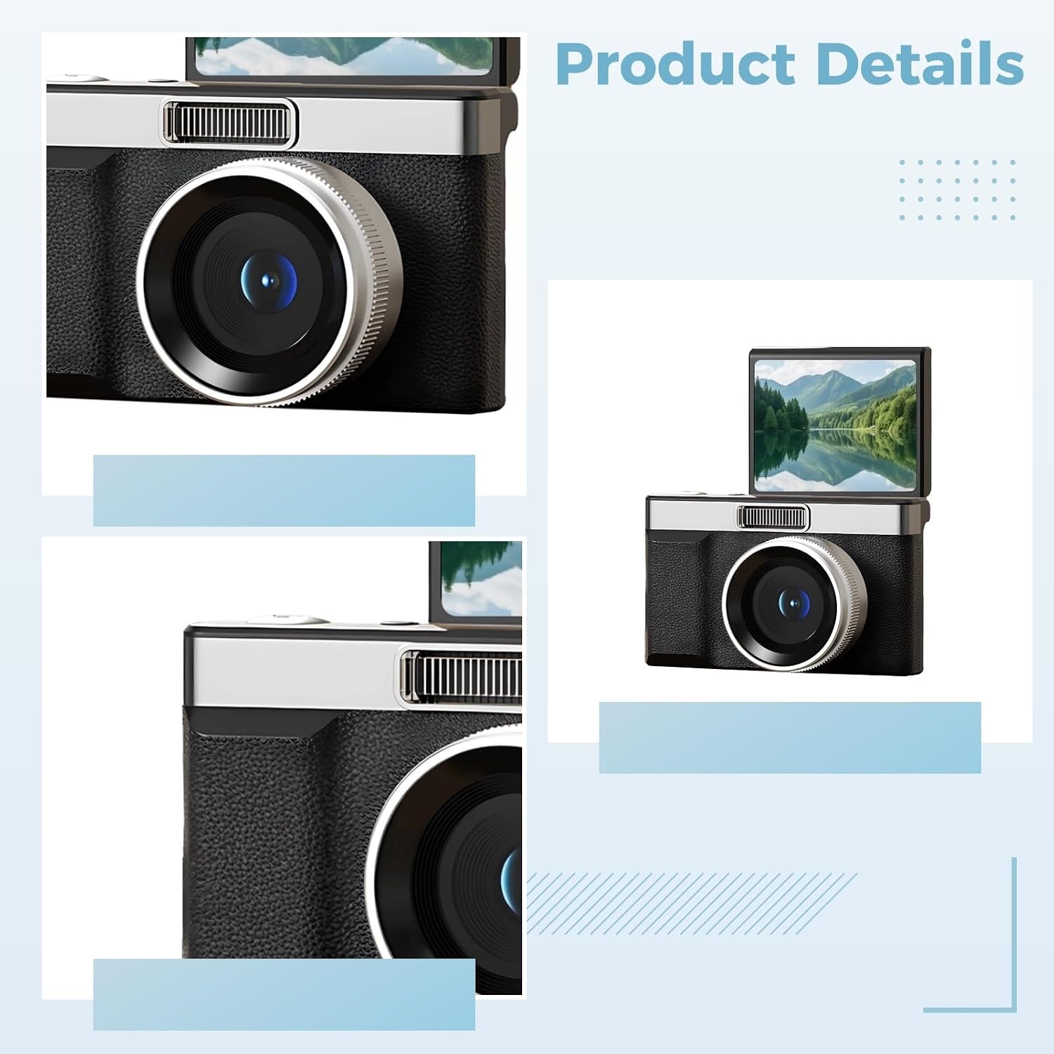 Flip Digital Camera, HD, 128G Memory Card, Retro Design, Compact 3.9 x 2.4 x 1.8 in (10 x 6 x 4.5 cm), Portable Point and Shoot Camera, ABS, Selfies, Black