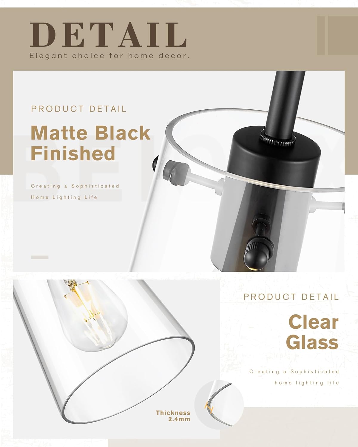 Beionxii Matte Black Pendant Light Fixtures, Pendant Lights Kitchen Island with Clear Glass, Modern Kitchen Pendant Lighting Over Island for Sink, Dining Room, Entryway, BX-PL03MB-CG