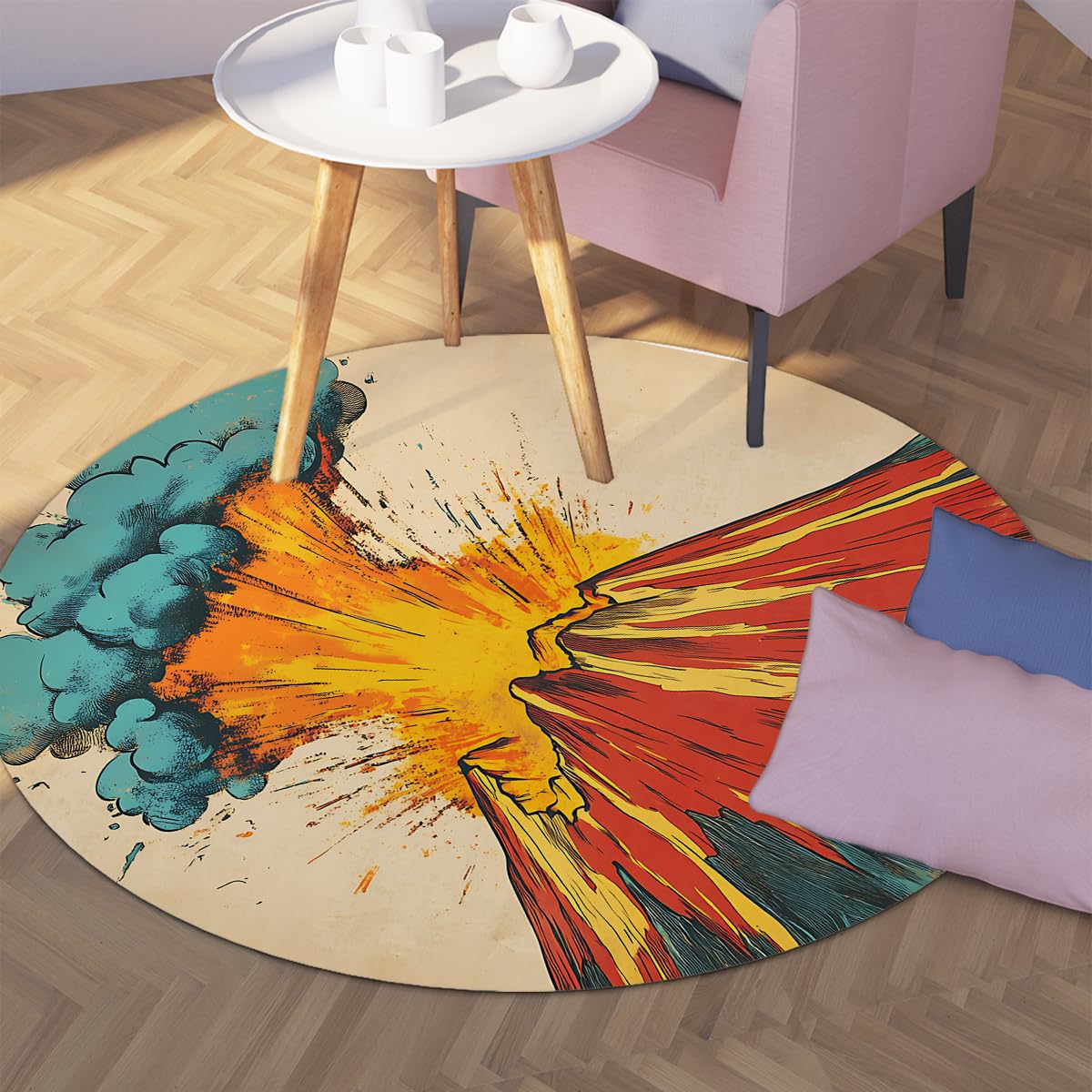 Okrągły dywan z motywem erupcji wulkanu, 150 cm, do pokoju gier, komiks, eksplozja, górskie niebo, drukowane dywany, składany, antypoślizgowy, można prać w pralce, cienkie maty podłogowe