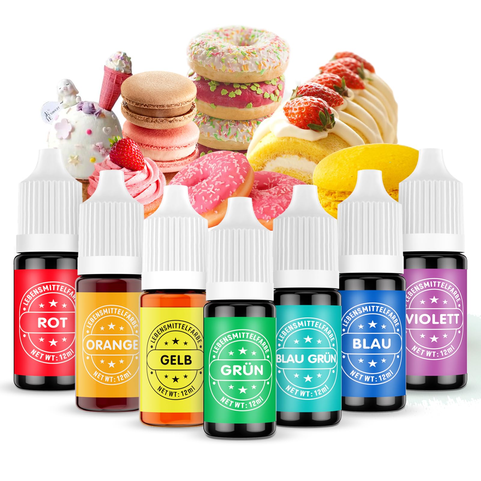Waysroma Lebensmittelfarbe 7x12ml, nussfrei & zuckerfrei Lebensmittelfarbe Flüssig zum Backen, Oster-Macarons, Kuchen, Zuckerguss, Fondant, Kekse, Donuts (Regenbogen)