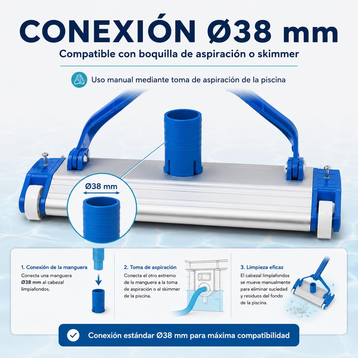 Limpiafondos de aluminio para piscinas - Fijación Clip - Cepillos de nylon - 4 ruedas - 33 cm Dpool