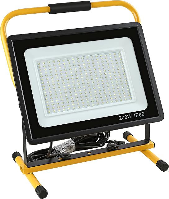sunkles 200W LED Work Light Portable Light LED Floodlight IP66 Waterproof Construction Lights with Stand for Workshop Job Site Garage Camping 6000K Daylight White 5m Wire with Plug