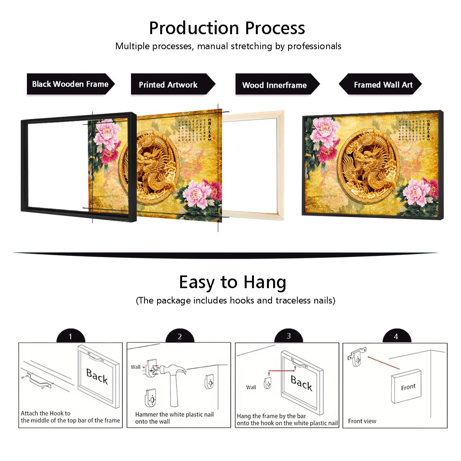 Via Vela Dragon doré Toile Art mural Murale culturelle chinoise Rose riche Pivoine Fleurs Œuvres d’art Impressions Affiches de style asiatique Peinture pour décor de bureau 40x60cm avec cadre noir