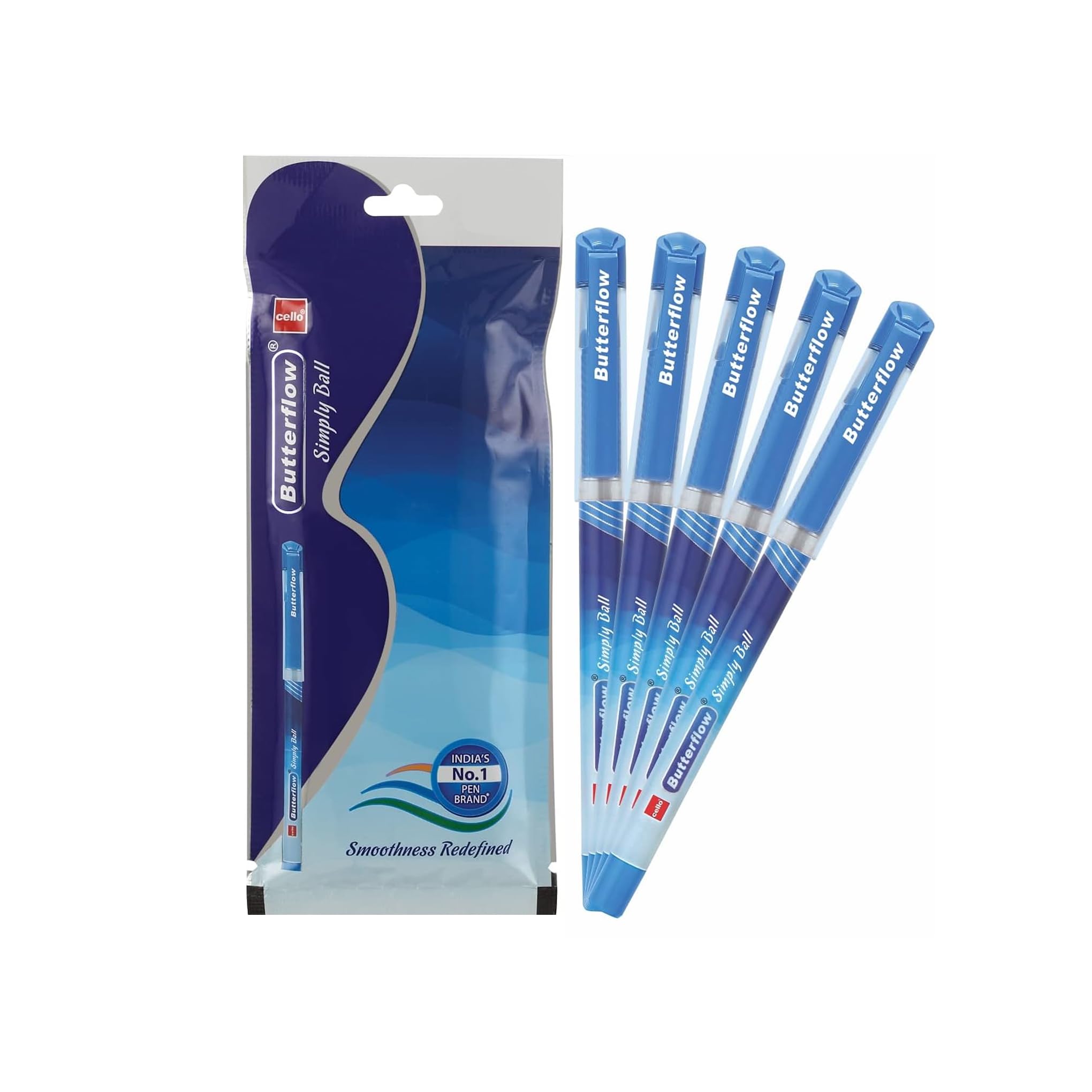 Cello Butterflow Simply Ball Pen | Pack of 5 Blue pens | Best Ball Pens for Smooth Writing | Writing Pens for School and Office Use | Ball Point Pen Set | Pens for exams