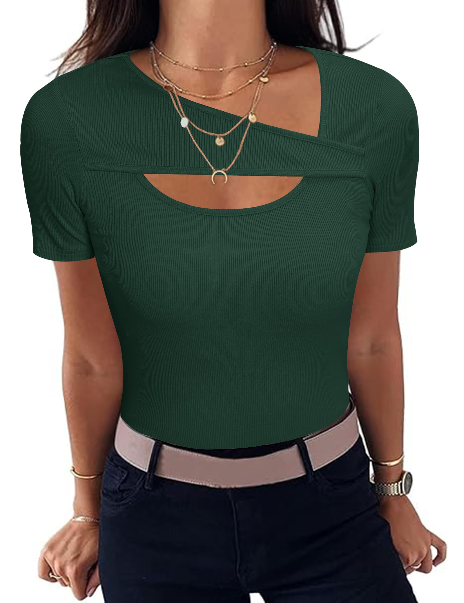 Aottori Damen T-Shirt Asymmetrischer Ausschnitt Sommer Oberteile Kurzarm Gerippt Basic Tee Shirts Elegant Slim Fit Tshirt Stretch Casual Tops Einfarbig