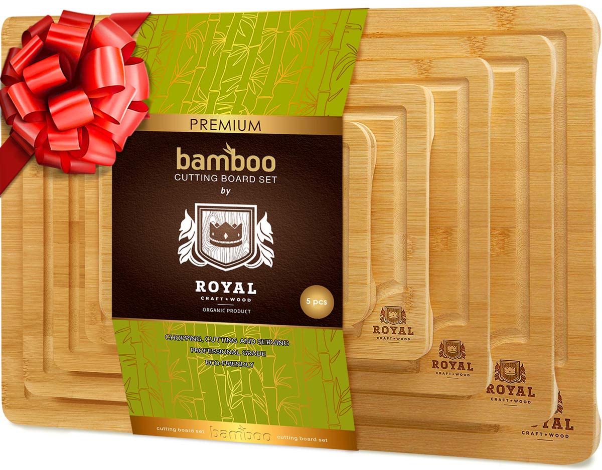 ROYAL CRAFT WOODWooden Serving Boards for Kitchen Meal Prep&Bamboo Wood Cutting Board Set with Deep Juice Groove Side Handles-Charcuterie & Chopping Butcher Block for Meat-Kitchen Gadgets Gift (5Pcs)