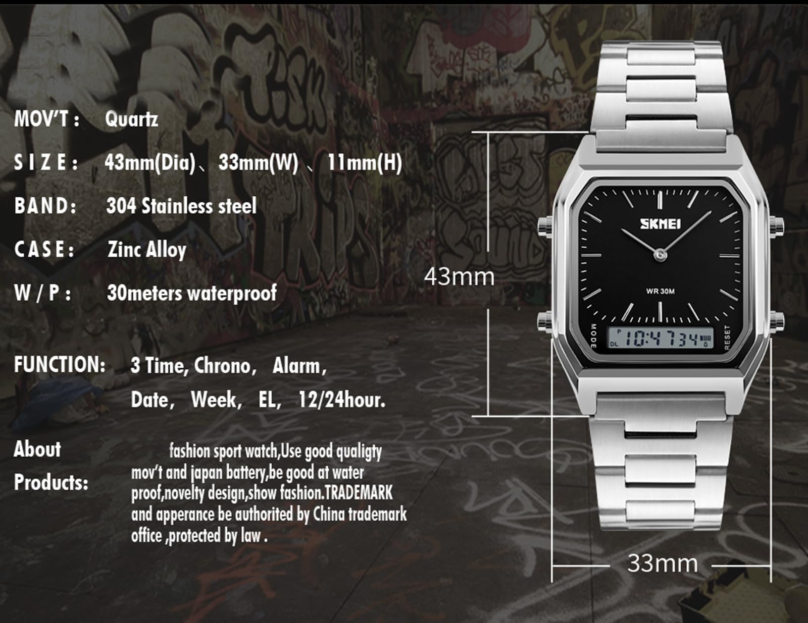 Gosasa Montre de sport analogique multifonction carrée avec double affichage et bracelet en acier inoxydable pour homme et femme
