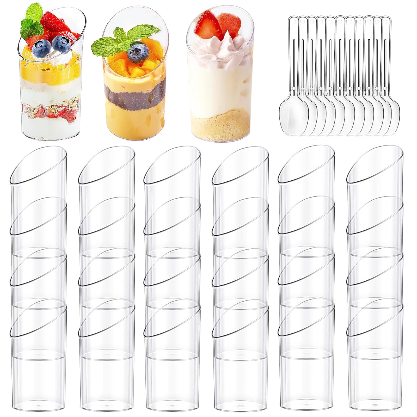 50 Pack Mini Dessert Cups, 75ml Angled Dessert Cups Dessert Bowls Individual Dessert Pots Reusable Slanted Appetizer Cups with Spoons for Party, Yogurt, Parfait, Pudding