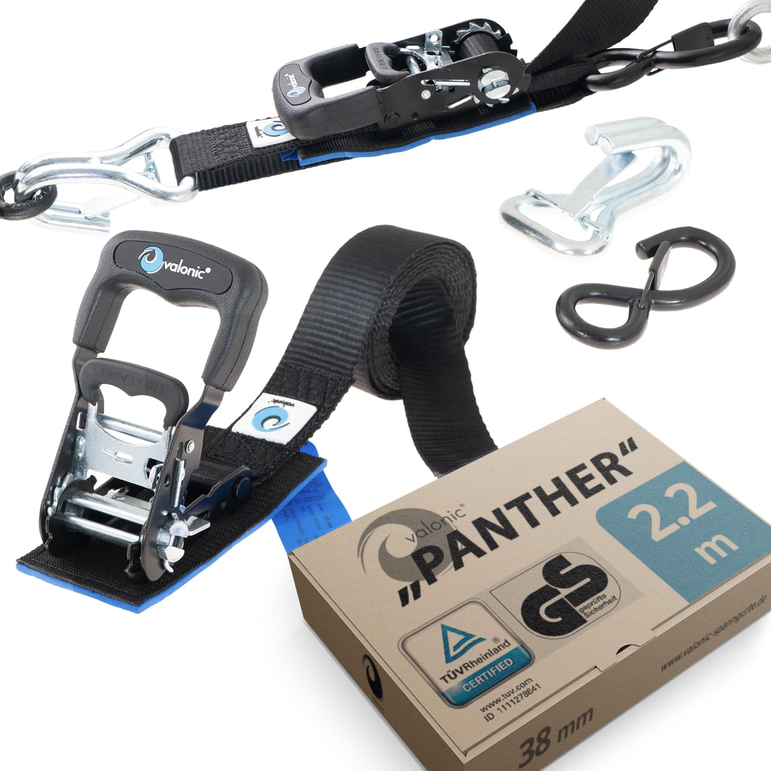 – valonic PANTHER - 2x motorcycle tie down straps with hooks, 2.25m, 38mm, 650/1300 Kg, padded, TÜV Rheinl. & GS certified, DIN EN 12195-2 - short tensioning distance, black ratchet strap for trailer