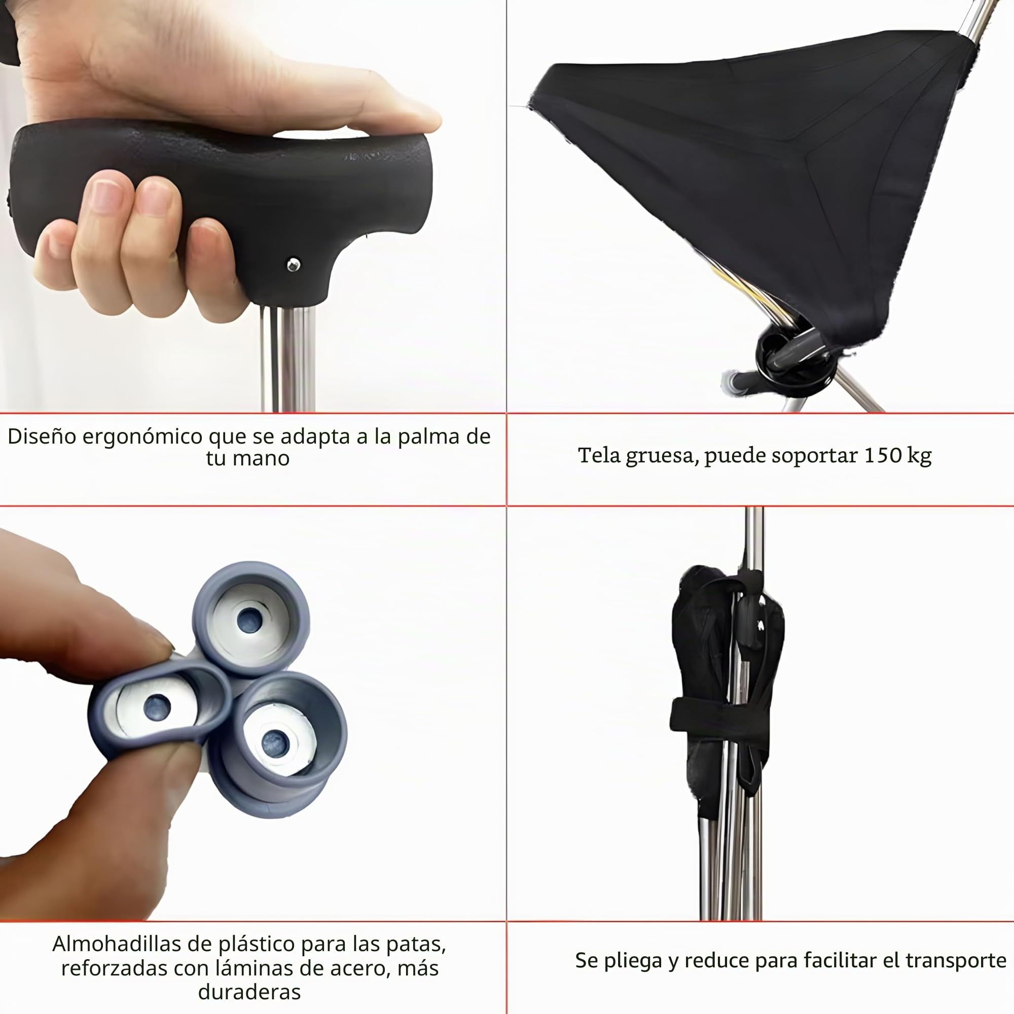 Asiento plegable 2 en 1, muletas con asiento, fabricado en acero inoxidable con una capacidad de peso de hasta 150 kg, está diseñado para ser ligero y portátil