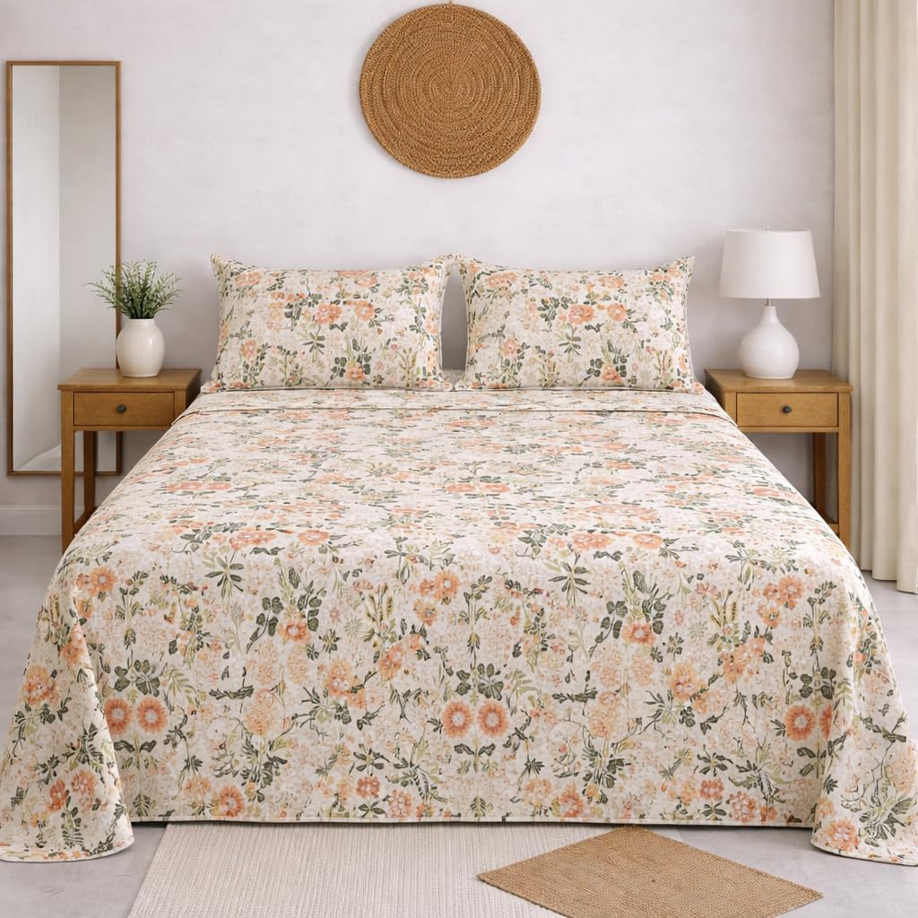 DECORUM Cloud Cotton Double Bedsheet Floral Print with 2 Pillow Covers | 244 TC | Ultra Soft Feel | Premium Comfort | Breathable & Skin Friendly | for Bedroom (90 x 90 Inches)