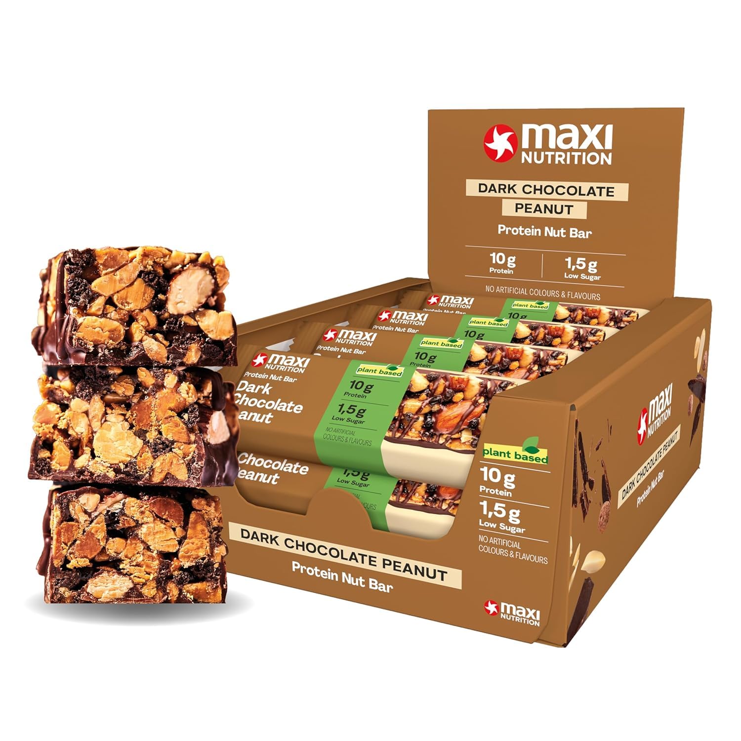 MaxiNutrition Protein Nut Bar - High Fibre Snack - Low in Sugar - 10g Protein - Dark Chocolate Peanut, Under 230 kcal per Serving, 12 x 46g