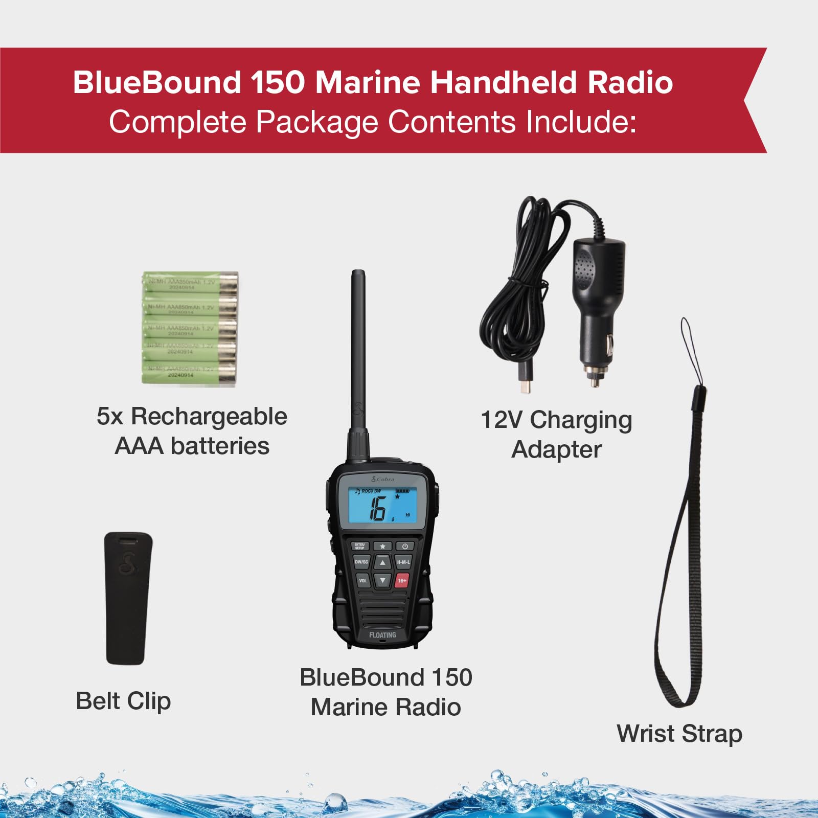 Cobra BlueBound 150 Radio Marina VHF de Mano, 3 W, Flotante, IPX7 Impermeable, Sumergible, Pantalla LCD, escaneo de Memoria, Clip para cinturón, Color Negro