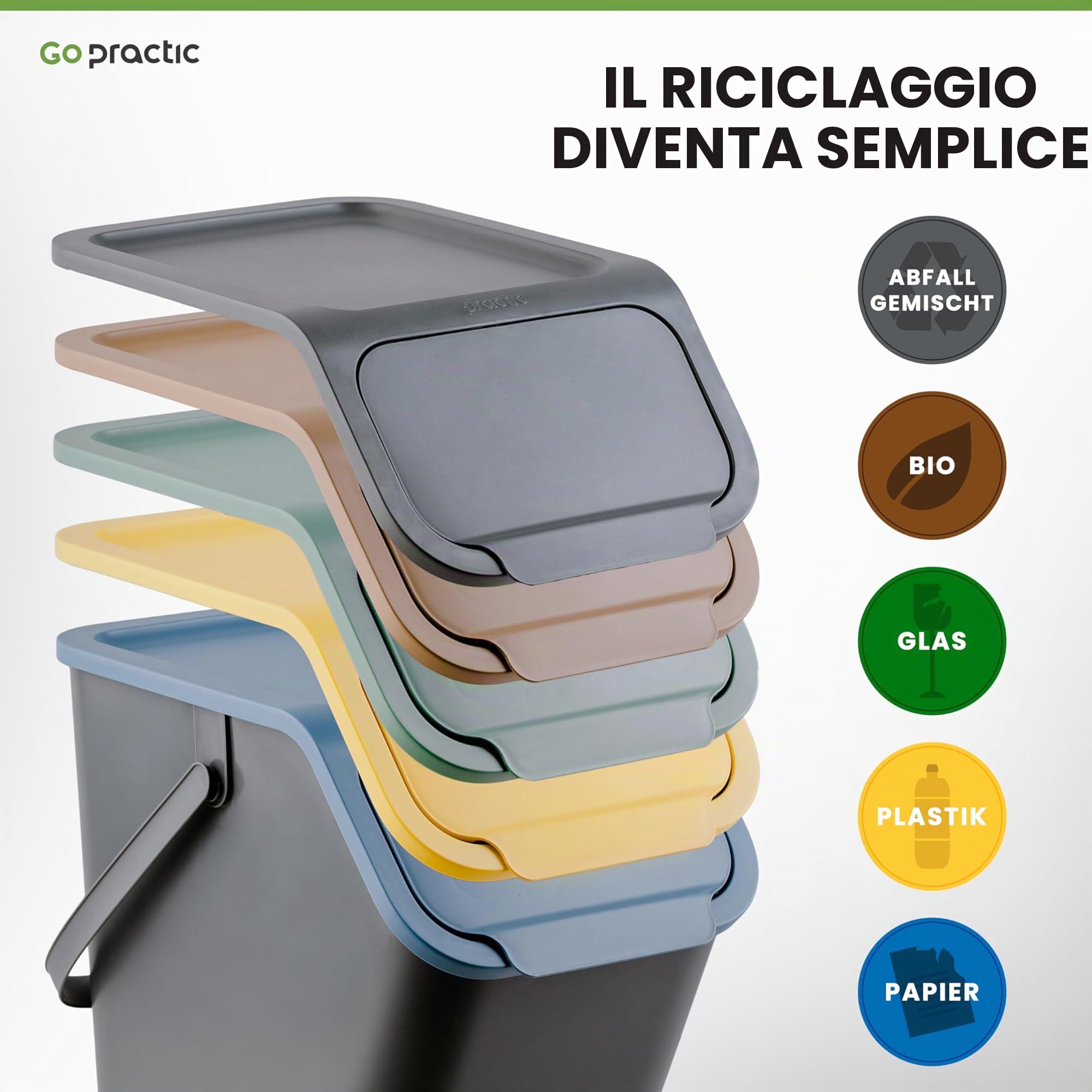 Set di 2 bidoni da cucina da 25 l, con coperchio, 2 filtri a carbone bioattivo, impilabili, sistema a "clic"