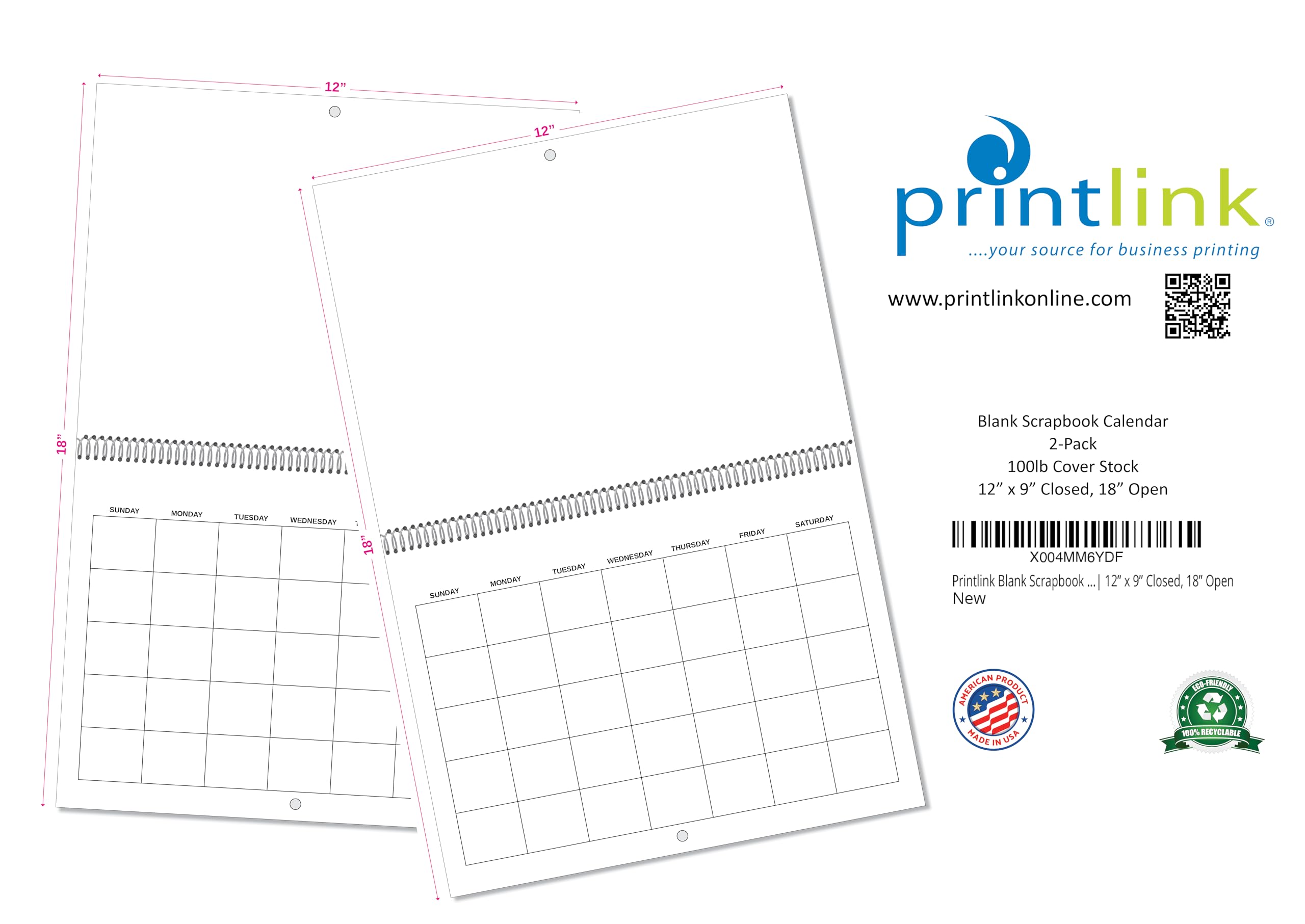 Printlink - Calendario de pared en blanco para álbumes de recortes, paquete de 2 unidades, planificador de álbumes de recortes sin fecha, 12 x 9 pulgadas cerrado, 18 pulgadas abierto