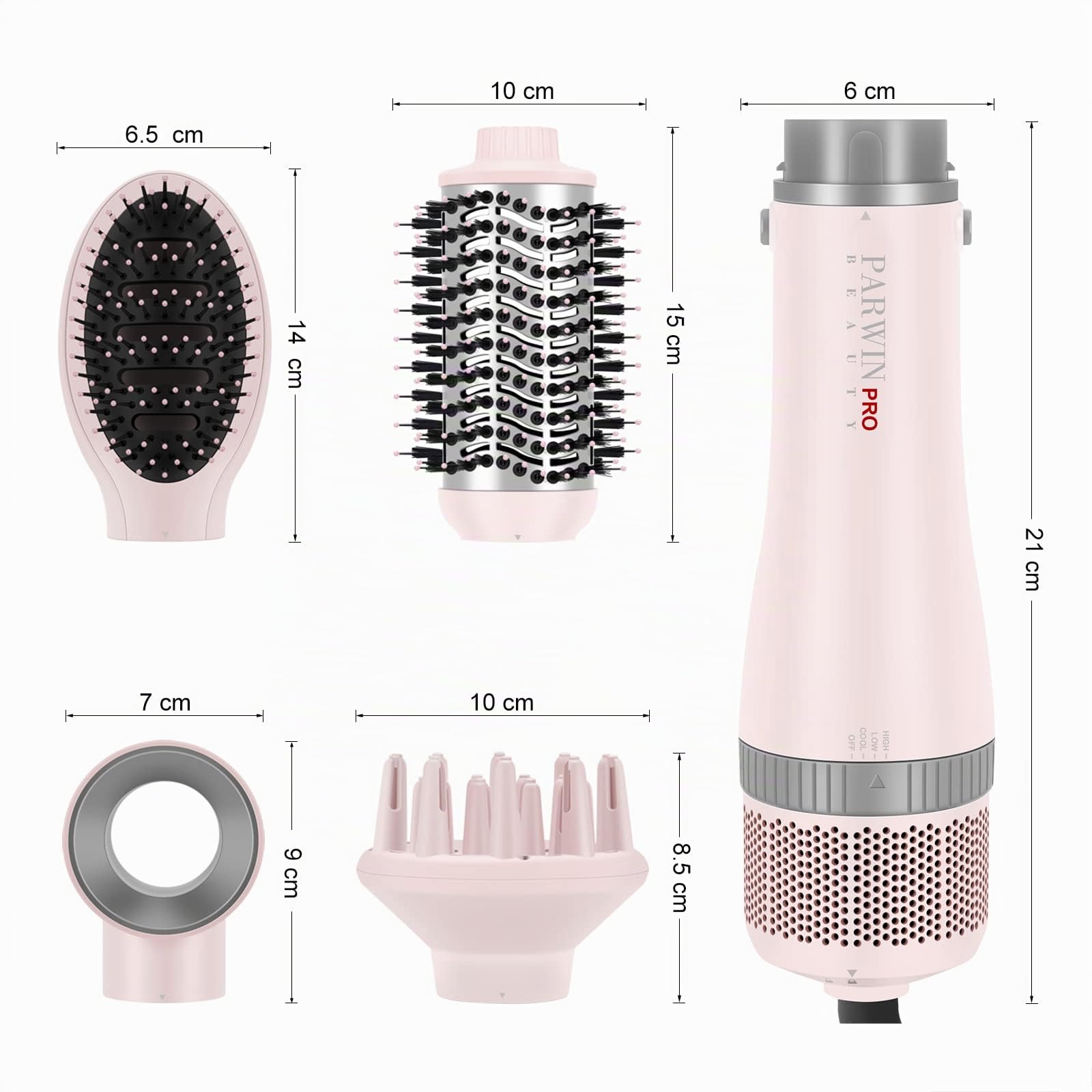4 IN 1 Styler, Spazzola Asciugacapelli PARWIN PRO BEAUTY Spazzola Elettrica per Capelli, Spazzola ad Aria Calda, Spazzola Phon per Capelli, 4 allegati, Lisciante, Volumizzante, Asciugare, 1000W, Rosa