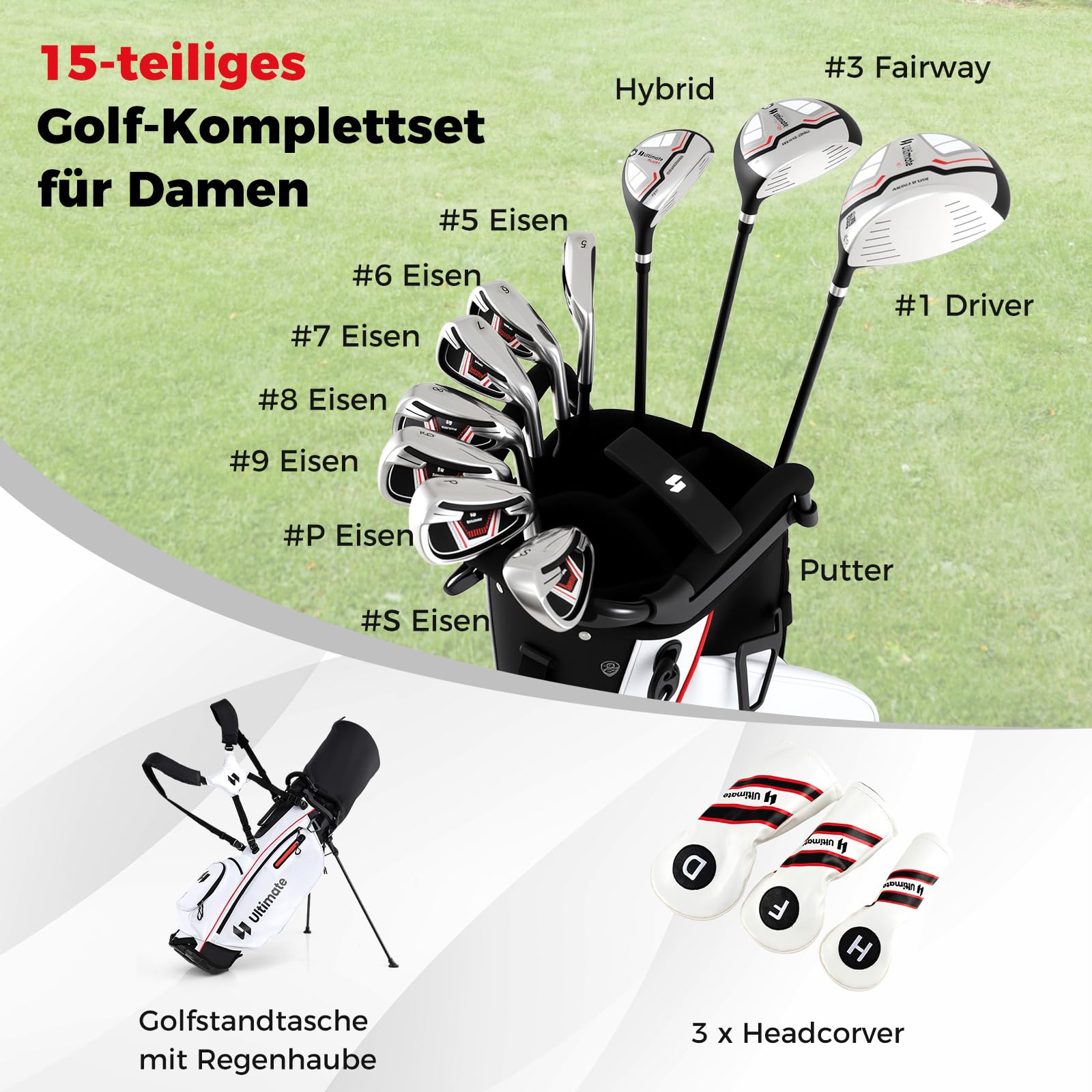 COSTWAY komplettes Damen Golfschläger Set, 9/11 teilige Golfschlägersätze rechtshändig mit Regenhaube, Golfset mit 1 Driver & 3 Fairway & 4 Hybrid & 6/7/ 8/9/ P Eisen & Putter