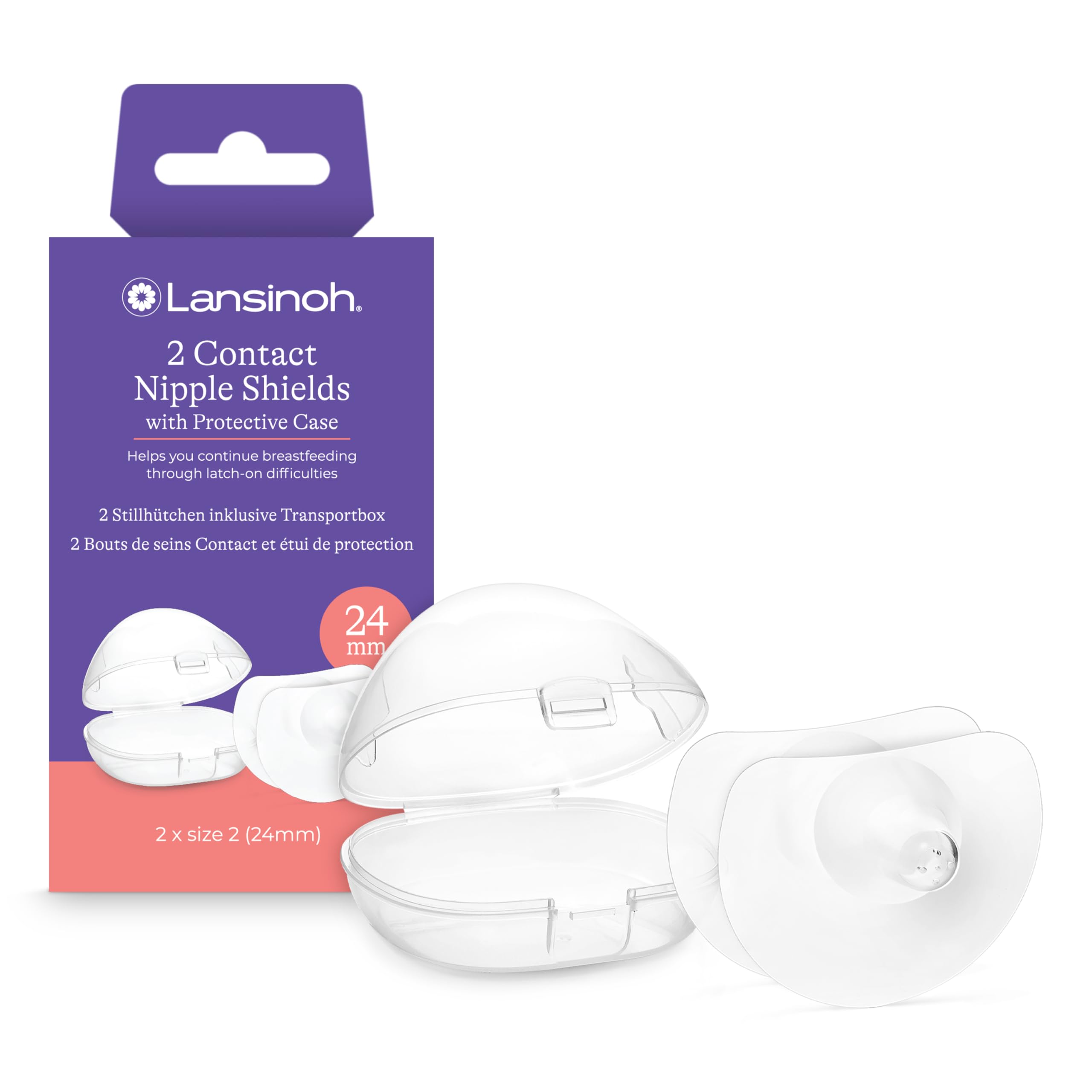 Lansinoh Stillhütchen 24 mm (Größe 2), 2 Stück inkl. Aufbewahrungsbox - angenehmes Tragegefühl - trotz Anlegeschwierigkeiten weiter stillen