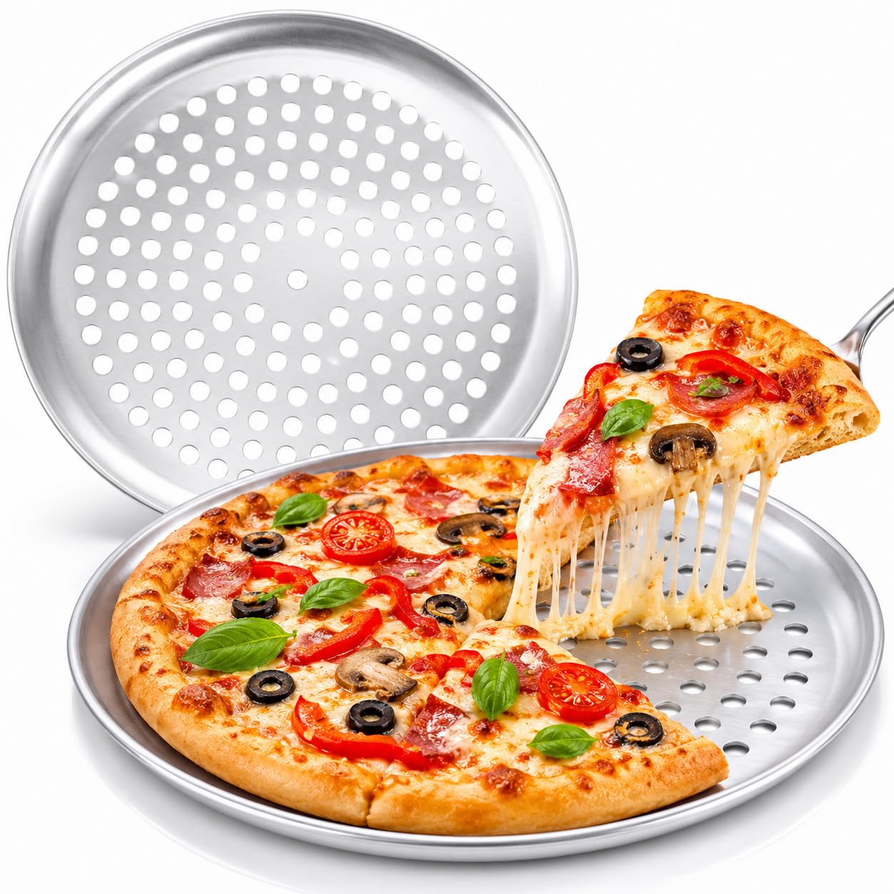 MUCKLILY 12-Inch Stainless Steel Pizza Tray, Perforated Baking Pan for Homemade Pizza, Flatbreads and Pastries, Non-Stick Round Oven Bakeware