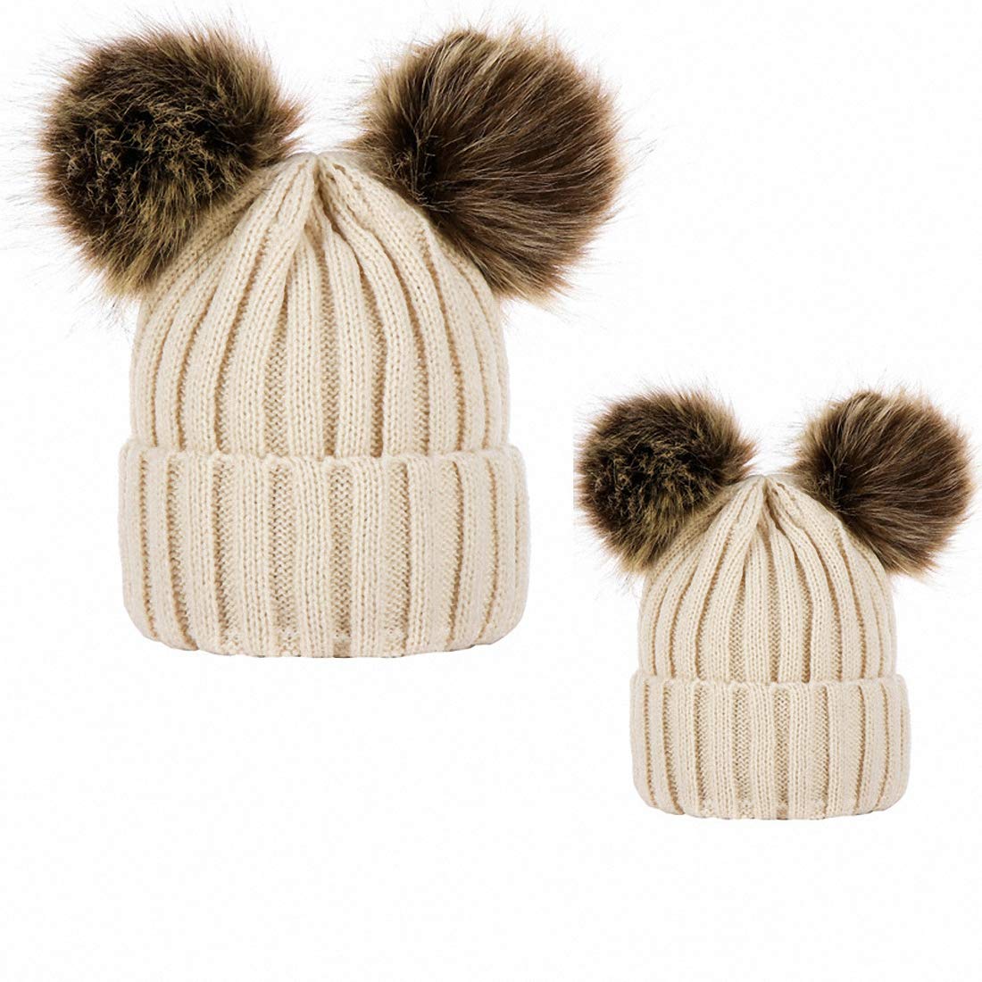 Ulalaza 2PCS Mother&Baby Hat Parent-Child Hat Family Matching Cap Winter Warmer Knit Wool Beanie Ski Cap