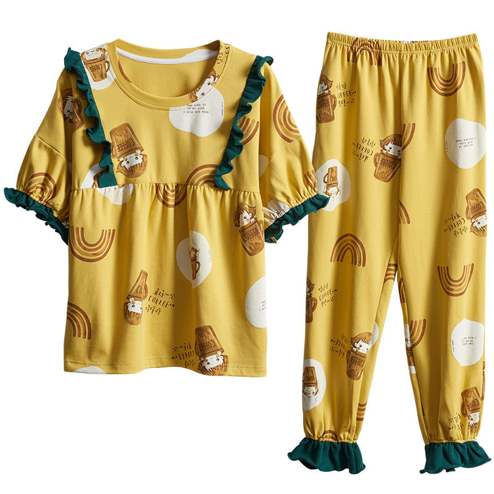 Piżamy damskie, bawełniane żółte komplety piżam dla kobiet stylowe piżamy z kreskówek długie rękawy długie patelnie damskie śliczne piżamy Casual Homewear, a, L