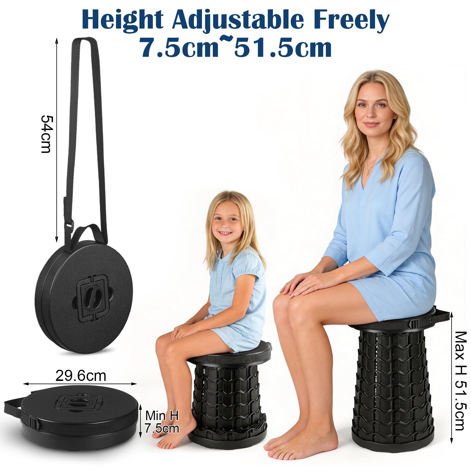 Sgabello Pieghevole Portatile più Alto, Sedia telescopico Regolabile in Altezza 7,5~51,5 cm, Plastica Sedie da Campeggio per Esterni, Pesca, Barbecue, Viaggi, Giardino