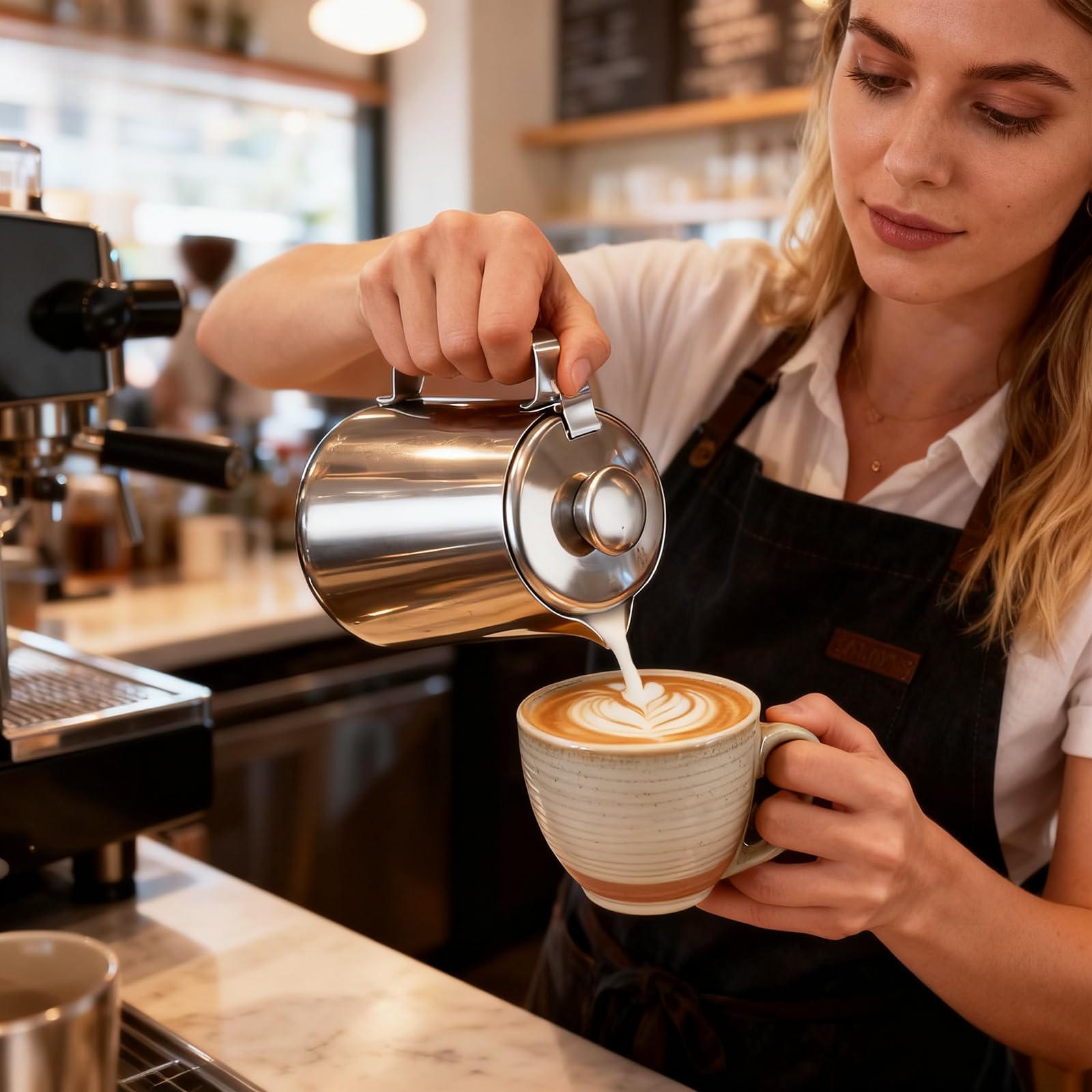 Milchkännchen Edelstahl,Milchkännchen mit Deckel Milchkanne mit Latte Art Pen Handheld Milchkanne Edelstahl Milch Pitcher Schaumbecher Milchschaum Kanne für Espresso Cappuccino Latte Barista