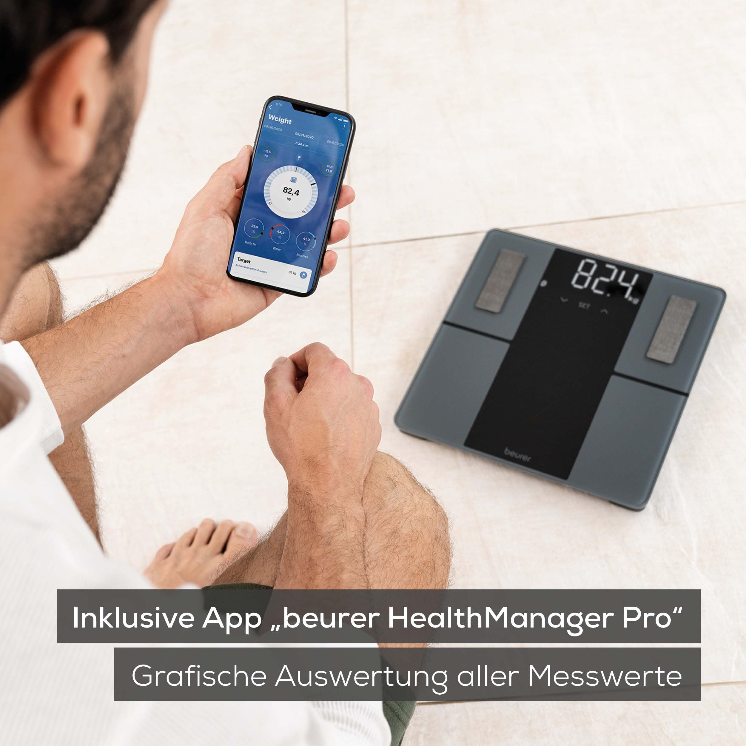 Beurer BF 500 Personenwaage mit Bluetooth & App, digitale Körperfettwaage mit Messung von Körperfett, Muskelanteil, Kalorienbedarf etc., XL-Display, Datenübertragung zu Apple Health & co., bis 180 kg