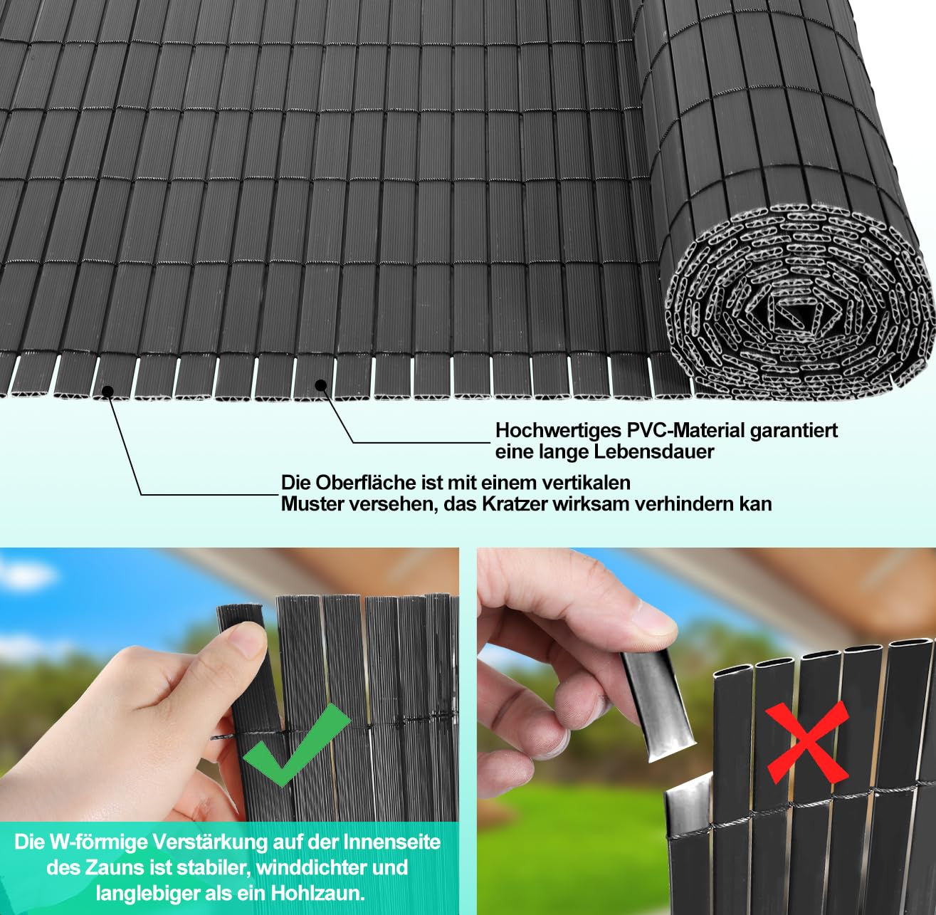 PVC Sichtschutzmatte, 100x600cm Sichtschutz Balkon,Sichtschutz Zaun mit W-Rippenverstärkungen und Kabelbindern,Windschutz Sichtschutz UV-beständig Wetterfest,für Zaun Garten,Anthrazit