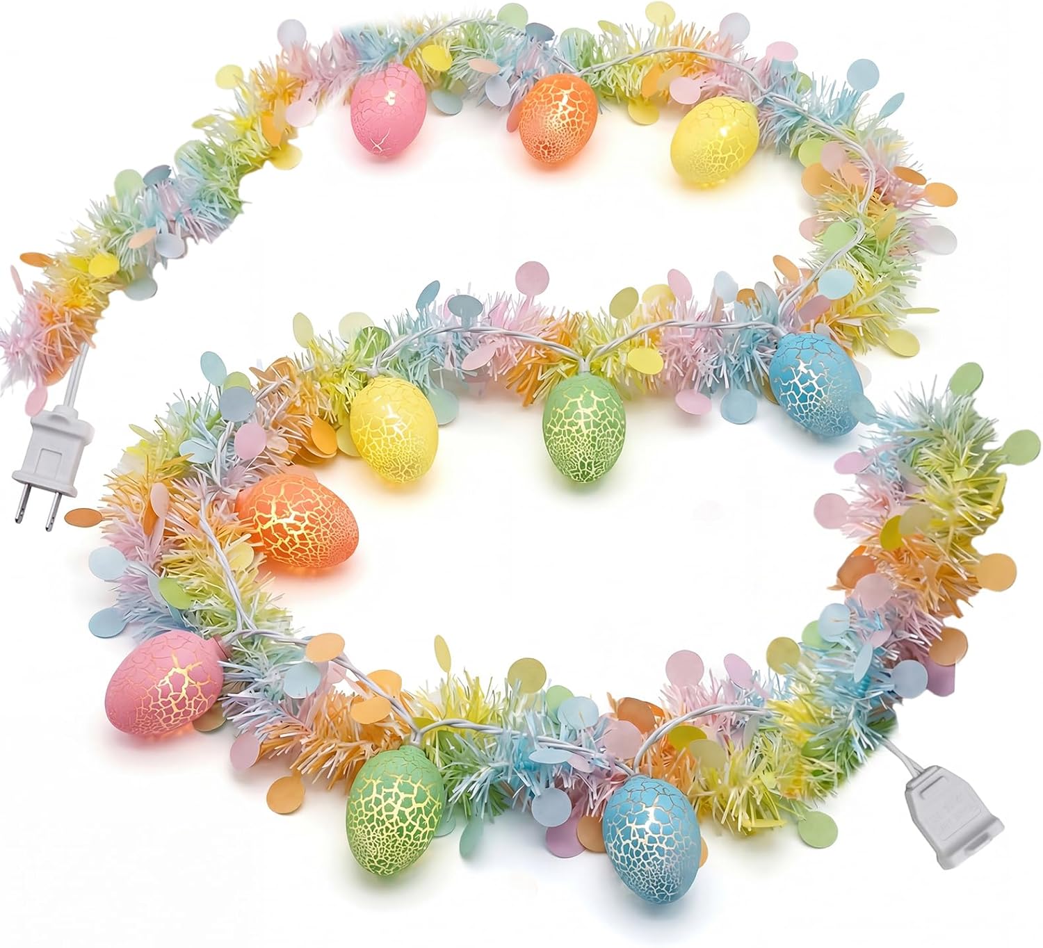 8.5Ft Easter Garland with Lights, Plug in Easter Egg String Lights & Pastel Tinsel Set (White Wire), Connectable Waterproof Indoor Outdoor Decor for Home Mantle Bedroom Party