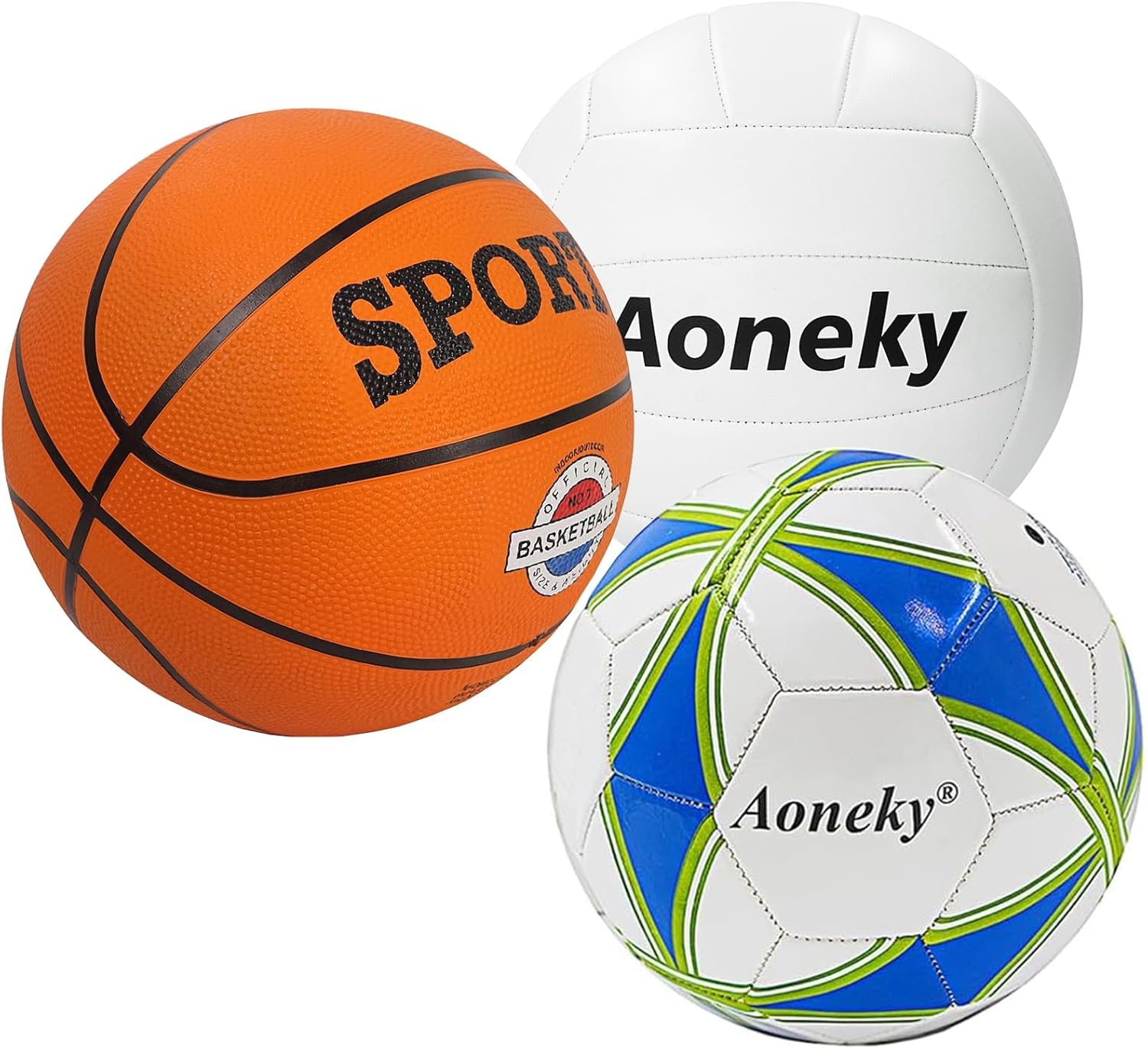 Aoneky Juego de pelota deportiva de 3 piezas con inflador, balón de baloncesto oficial tamaño 7, pelota de fútbol tamaño 5, voleibol tamaño 5 para