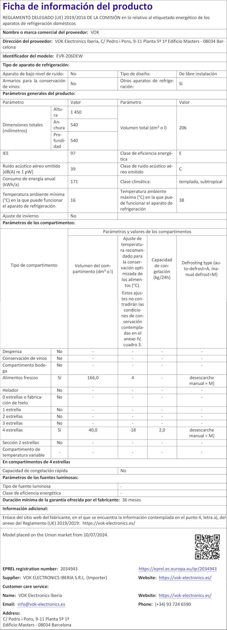 VOK Frigorífico Combi 2 Puertas EVR-206DEW 206L, Al 145cm x An 54cm, Clase E, Puertas Reversibles, Bajo Nivel Sonoro 39 dB, Estantes de Cristal, Blanco