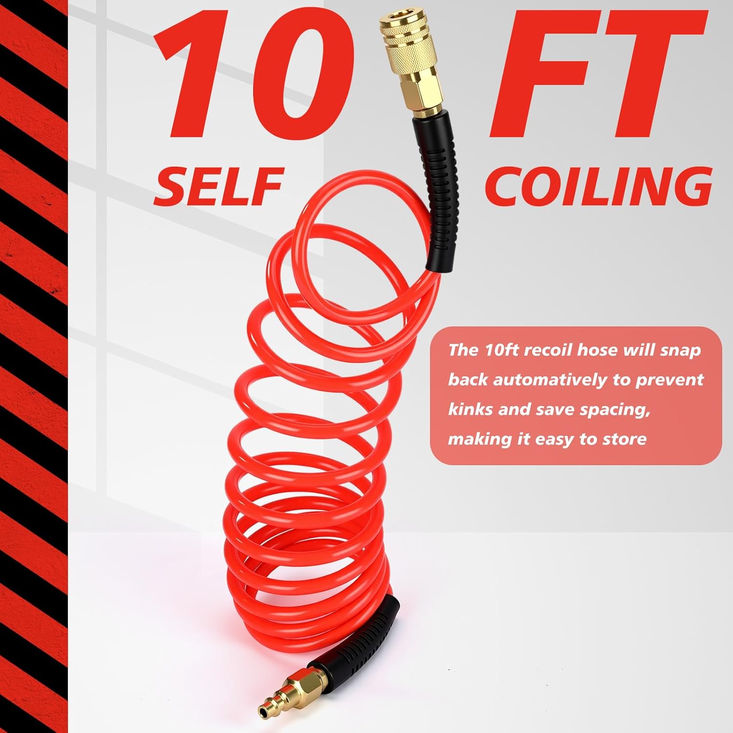 Flutesan 10 Pack 1/4 in x 10 ft Polyurethane Recoil Air Hose Heavy Duty Air Compressor Hose Flexible Line with Bend Restrictor 1/4" Industrial Quick Coupler and Plug for Household Garage Station