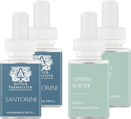Pura Pura & Antica Farmacista - Fragancia para difusor de aire Smart Home - Ambientador de habitación - Incluye ropa de cama, surf y Santorini