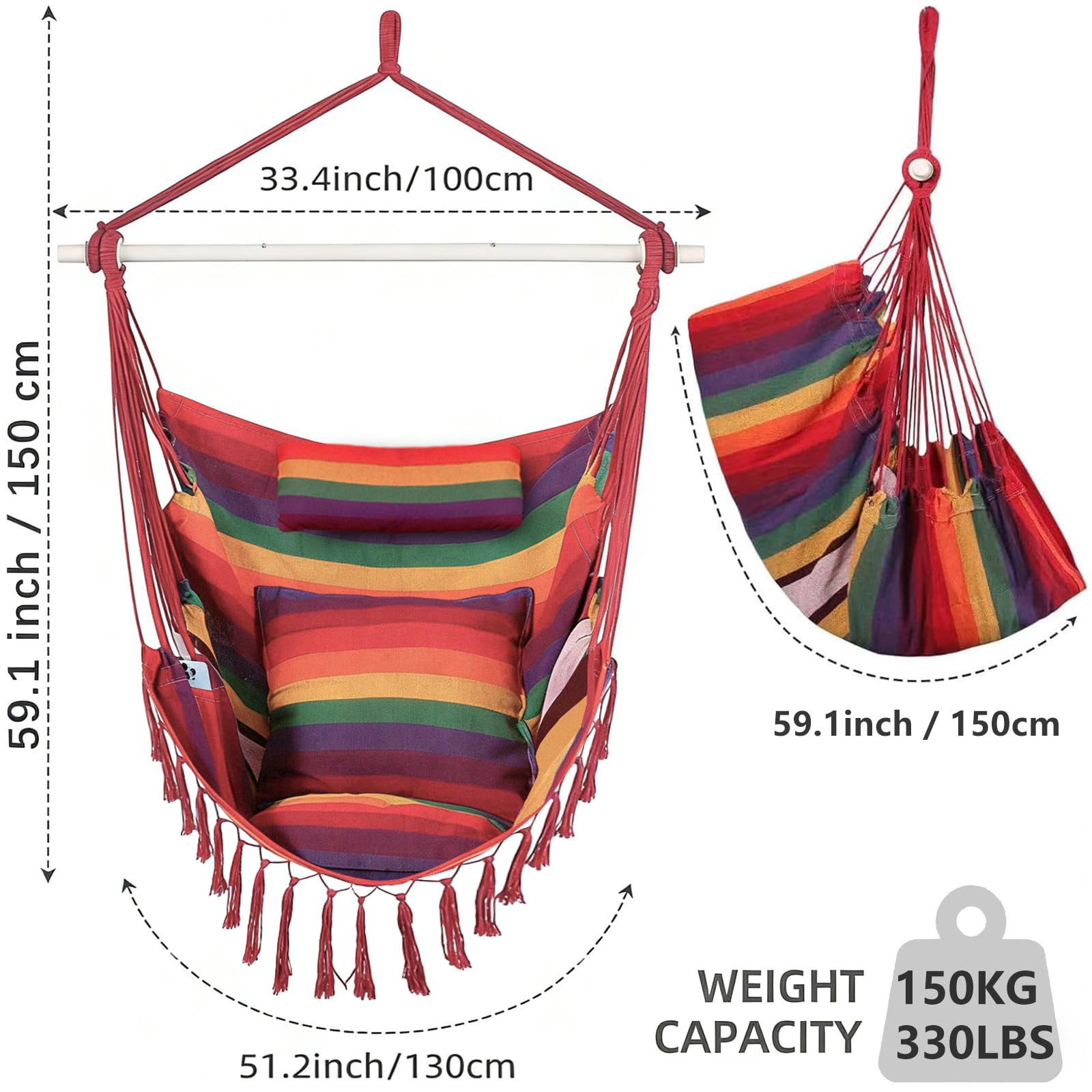 Goutime Silla columpio de tamaño extragrande, con 2 cojines y 1 almohada para el cuello, silla colgante de algodón para dormitorio/patio, silla hamaca con bolsillos laterales y accesorios de hardware