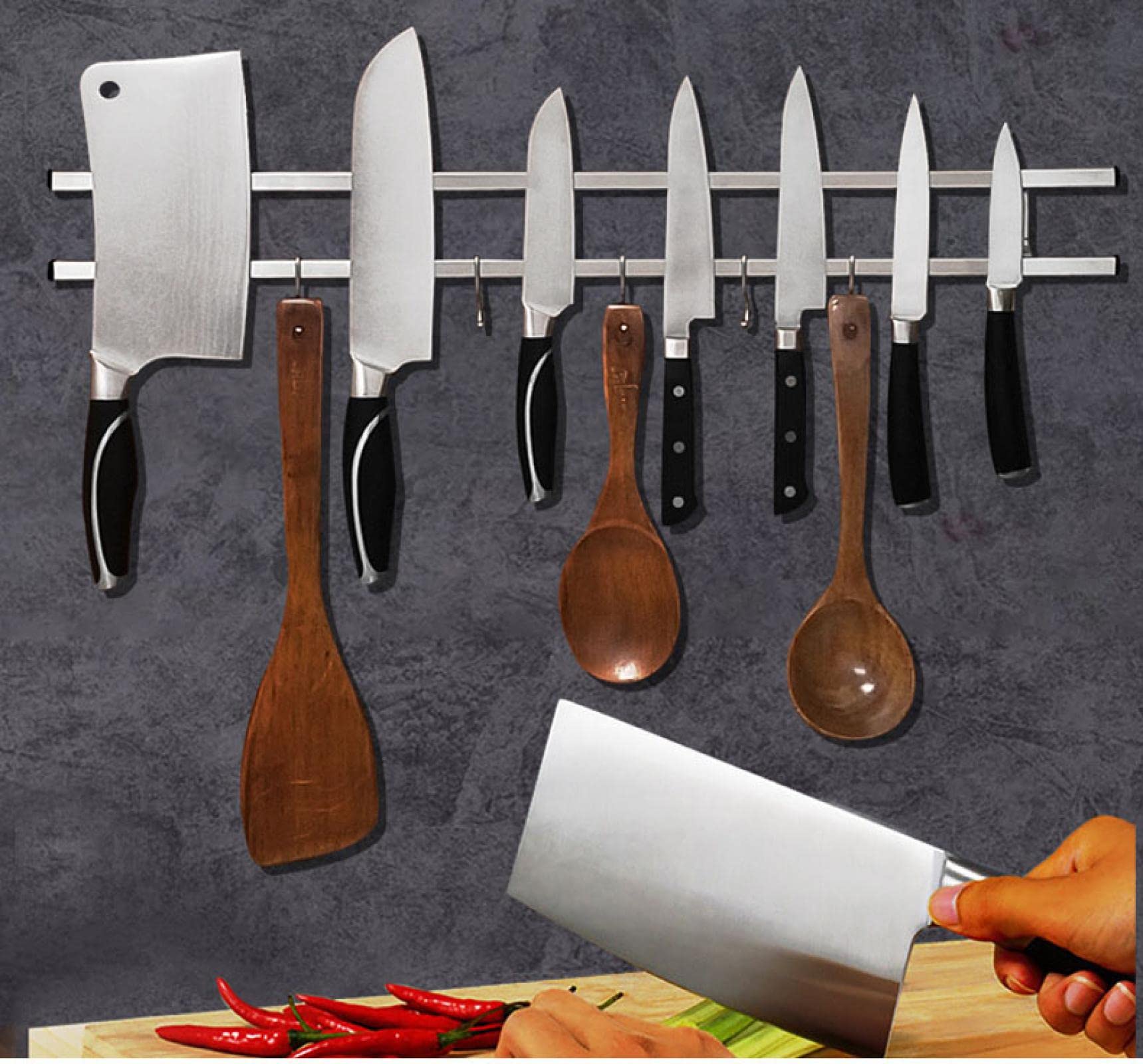 Supporto Magnetico Per Coltelli 40 Cm Con 3 Ganci – Acciaio Inox 304, Installazione A Vite O Adesiva