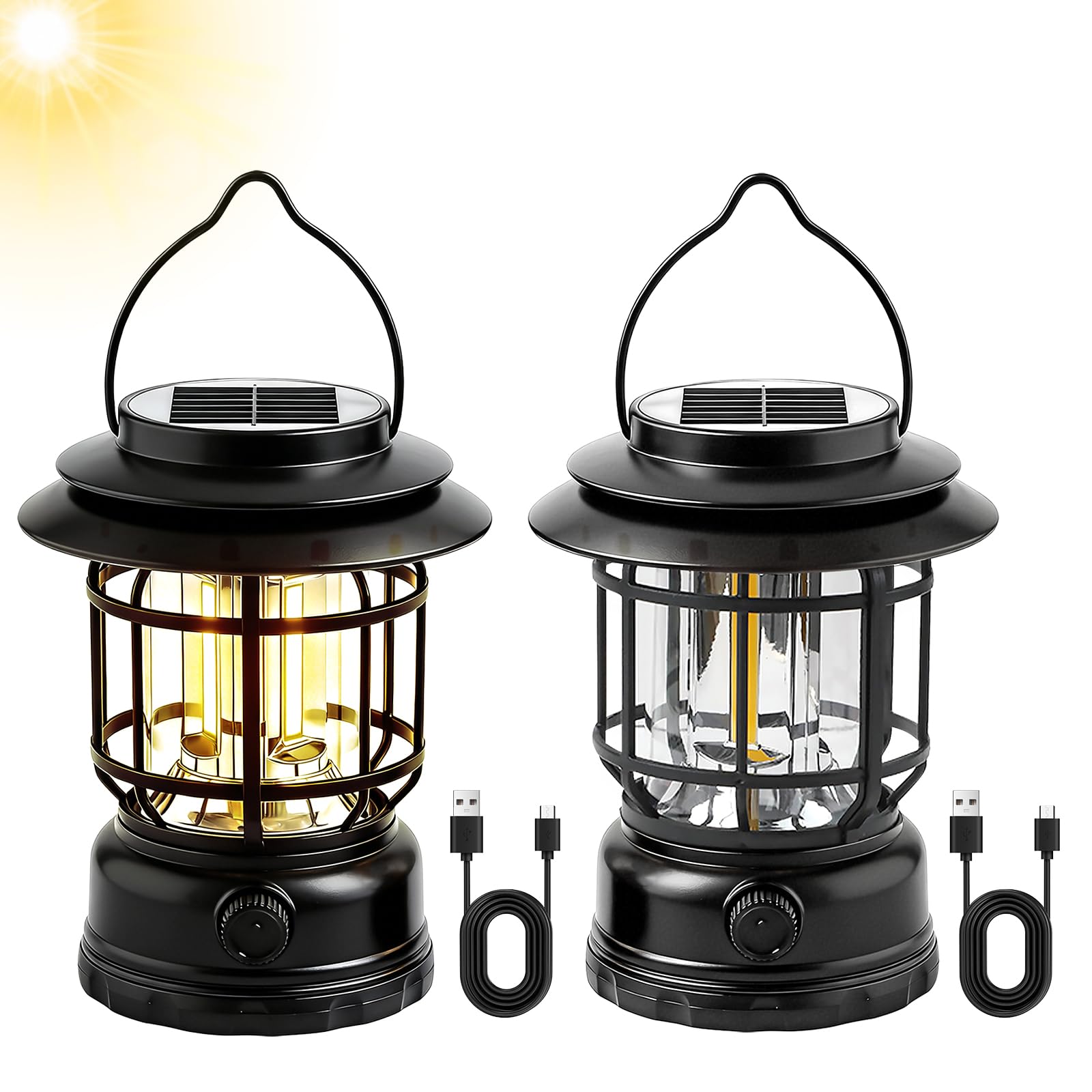 2 Pezzi Lanterna Da Campeggio Vintage: Lanterna Da Campeggio a LED Retrò, Dimmerabili, Impermeabile, Portatile, Lampada Solare Da Campeggios per Escursioni, Pesca, Emergenze, Interruzioni Di Corrente
