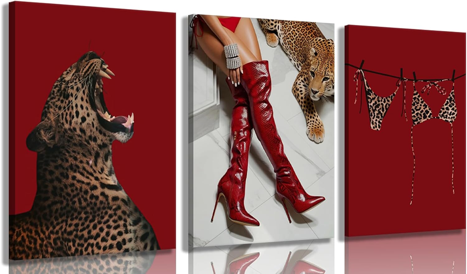 XLYFVLGF 3Pcs Red Fashion Leopard Canvas Wall Art Cheetah Wall Decor Pictures Stylish long boots print Bikini Painting Artwork for Living Room Bedroom Bathroom Corridor Home Decoration 16x24in Canvas 24L''x16W''