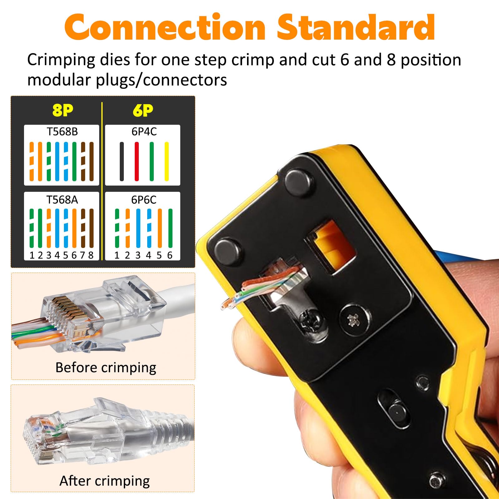 Kit di strumenti di crimpatura Ethernet RJ45, CAT5, Cat5e, Cat6, RJ45, kit di crimpatura con tester per cavi, spellafili multistrato, lame, 50 connettori Cat 6 passa-through e stivali antistrappo